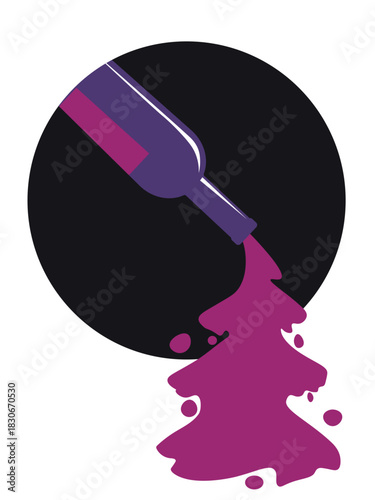 Wine bottle icon, round background, Christmas tree, pouring wine, black background, flat design, restaurant banner. New Year's illustration, T-shirt print, red wine, Chardonnay, party, drinking