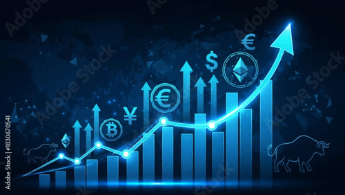 Illuminated representation of financial market surge, showcasing global currency strength and investment growth through dynamic digital charts