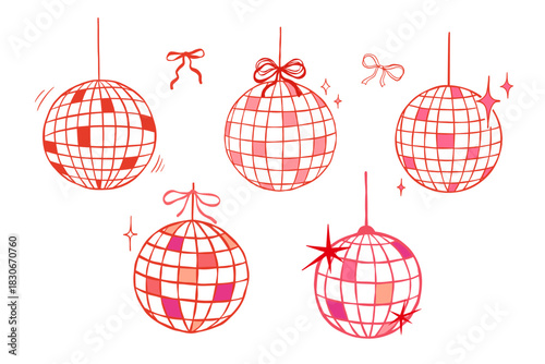 Disco ball with stars and coquette bow. Hand drawn vector doodle illustrations set. Whimsical mirror ball