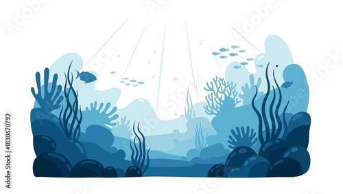 Mesmerizing Underwater World Illustration with Vibrant Coral Reefs, Swimming Fish, and Sunlit Depths, Capturing the Serenity of Ocean Life