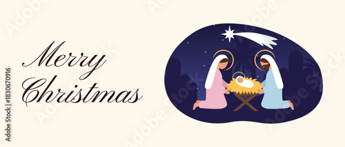 Merry Christmas Nativity Banner with Holy Family, Manger Scene and Star of Bethlehem in Night Sky