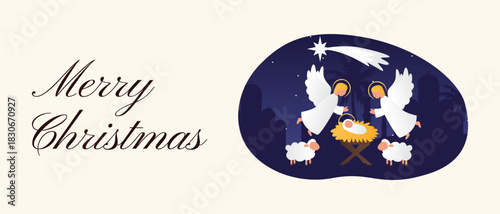 Christmas Web Banner with Baby Jesus in the Manger, Angels in the Stable and the Star of Bethlehem in the Night Sky
