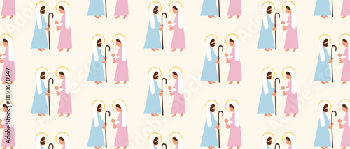 Seamless Christmas Nativity Pattern with Holy Family. Mary, Joseph, Baby Jesus in Cute Pastel Style