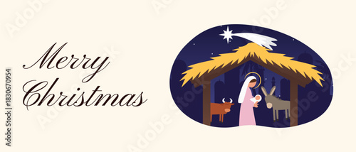 Christmas Web Banner with Mary Holding Baby Jesus in the Stable under Night Sky and Star of Bethlehem