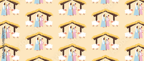 Seamless Christmas Nativity Pattern with Holy Family. Barn and Mary, Joseph, Baby Jesus in Cute Pastel Style