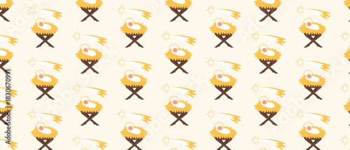Seamless Christmas Nativity Pattern with Holy Family. Baby Jesus in manger with Star of Bethlehemin Cute Pastel Style