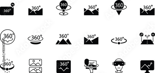 360 degree view icon set featuring panoramic landscapes, VR symbols, map pins, virtual tours, rotation arrows, immersive photography and interactive navigation