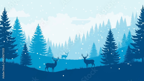 Vector illustration of a tranquil winter landscape with stags among fir trees during a snowfall