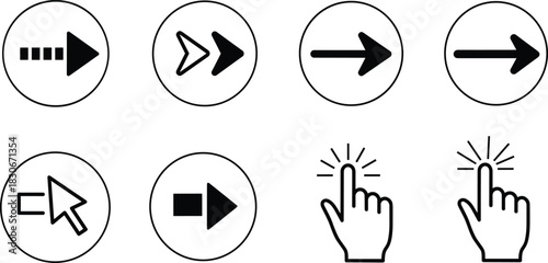 Arrow icons, cursor symbols, click hand gestures, navigation signs, forward direction buttons, UI interface elements, simple outline graphics, digital pointer icons