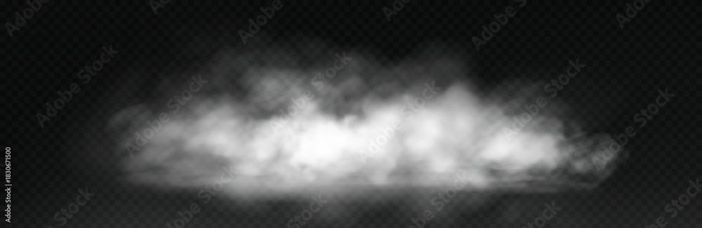 Obraz premium White smoke cloud with overlay effect on dark background. Realistic fog texture spreading along the floor. Atmospheric illustration of misty vapor or haze with dramatic light effect.