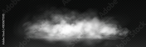 White smoke cloud with overlay effect on dark background. Realistic fog texture spreading along the floor. Atmospheric illustration of misty vapor or haze with dramatic light effect.