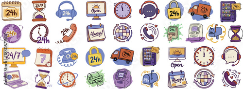 Whimsical doodle style 24h service icons set with clocks, headsets, delivery trucks, ATMs, vending machines and globes in pastel purple, yellow and orange horizontal banner layout