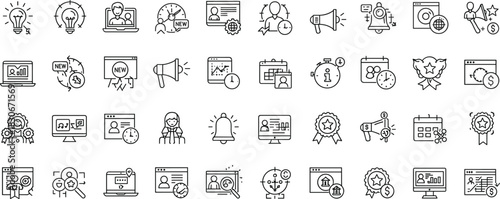 Business marketing analytics icon set with leadership, communication, notifications, awards, calendars, analysis, customer management, productivity, and digital strategy symbols
