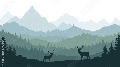 Two stags silhouetted in a misty pine forest with layered blue mountains in the background, a flat vector landscape illustration