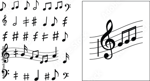 Collection of musical notes, clefs, sharps, symbols, and staff lines featuring melody icons, notation elements, and music graphic illustrations