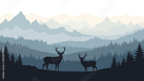 A serene panoramic view of two stags standing in a pine forest with layered blue mountains in the background