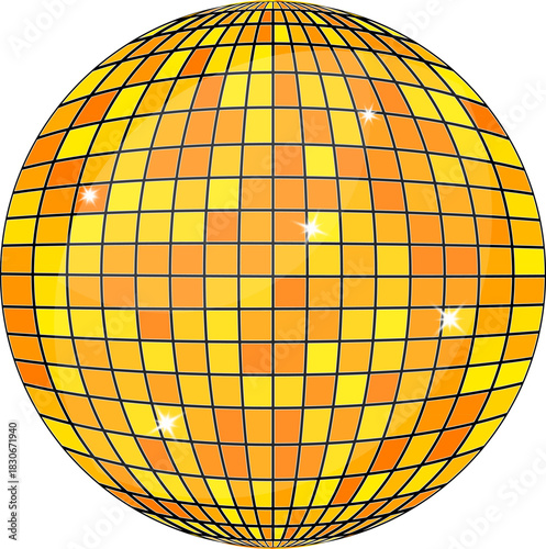 Bright yellow disco ball with reflective mosaic tiles and glowing light sparkles, isolated on white background.