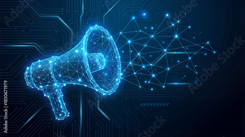 Low Poly Megaphone Digital Announcement Communication Network Marketing Technology.