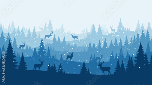 Winter Forest Silhouette with Deer and Snowfall - Serene Snowy Woodland Scene