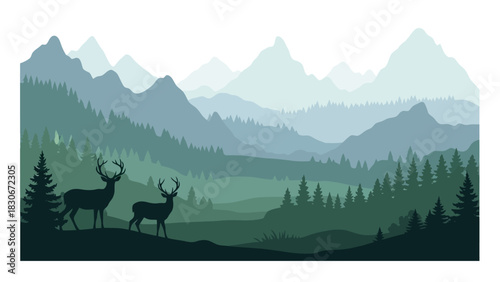 Scenic panoramic view of a layered mountain range with pine forest and two deer silhouettes, a tranquil wilderness vector graphic