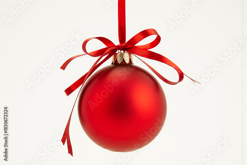 Shiny red christmas ornament with red ribbon bow isolated on white