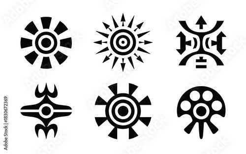 Collection of six stylized tribal symbols and icons