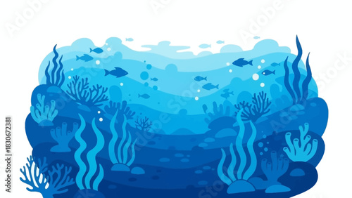 Vector illustration of a tranquil underwater world with marine plants, bubbles, and a school of fish in the deep blue ocean