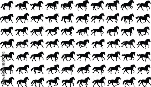 Extensive Collection of Running and Galloping Black Horse Silhouettes in Various Dynamic Poses, Representing Equestrian Sport, Freedom, and Wild Animals
