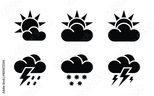 Set of six black weather icons showing sun clouds rain snow and lightning