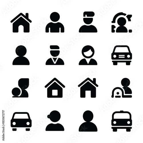 Set of black silhouette icons representing people houses and cars