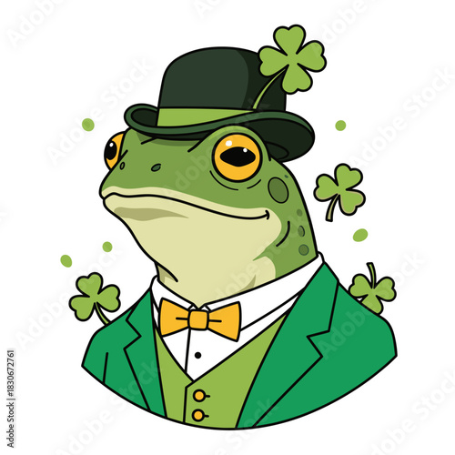 Cartoon frog in green suit and bowler hat with clovers