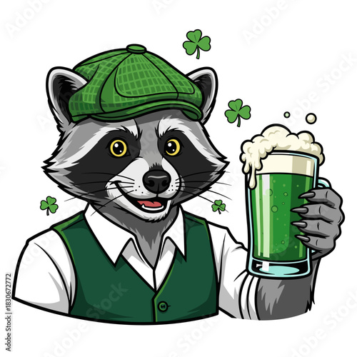 Cartoon raccoon with green beer wearing cap and vest on St. Patrick's Day