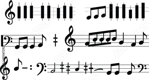 Music notation collection with treble clef, bass clef, musical notes, sharps, flats, bars, rhythm patterns, and melody lines illustration