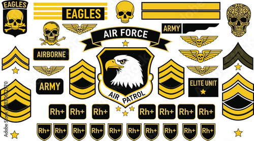 Military and Air Force Patch Design Set, Army Insignia, Rank Chevrons, Skulls, Eagles, and Rh+ Blood Type Graphics Collection Vector.