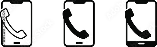 Smartphone call icon set featuring mobile devices with phone receiver symbols, communication alerts, contact interface graphics, telecommunication and calling illustrations
