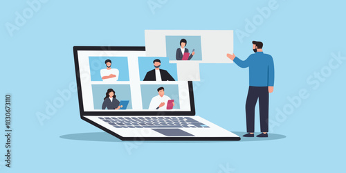 Man presenting online meeting on laptop with colleagues in a virtual conference