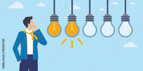 Business man thinking with light bulbs representing new ideas and innovation