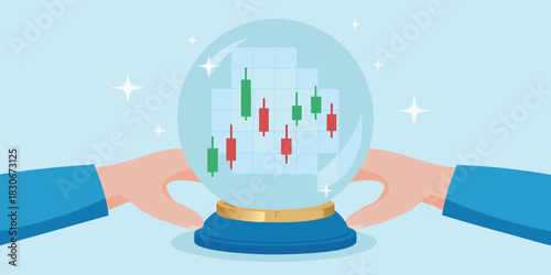 Predicting market trends hands holding a crystal ball with stock chart