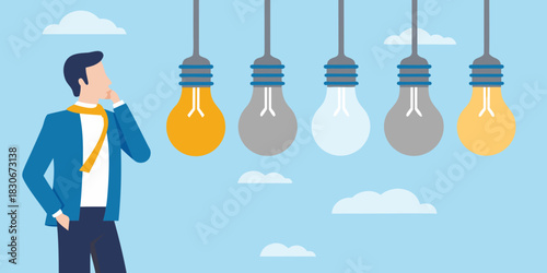Businessman contemplating ideas represented by light bulbs in the sky