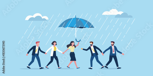 Business team protected by umbrella in the rain risk management concept illustration
