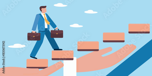 Businessman climbing steps with support towards success career growth concept