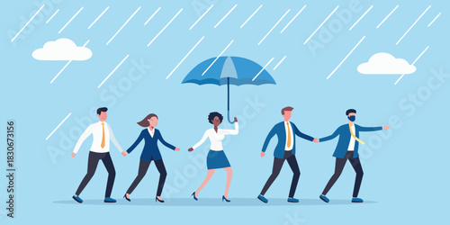 Business team walking in the rain with umbrella protection and support concept