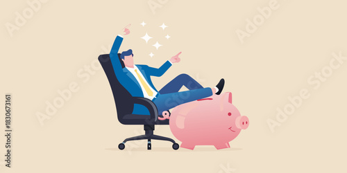 Successful businessman relaxing on a piggy bank financial success concept