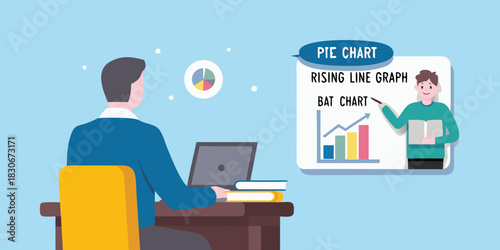 Man working at desk with data visualization presentation and business analytics