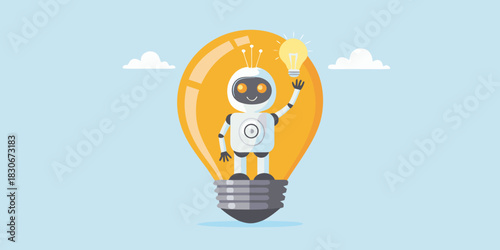 Robot with an idea standing inside a lightbulb on blue background