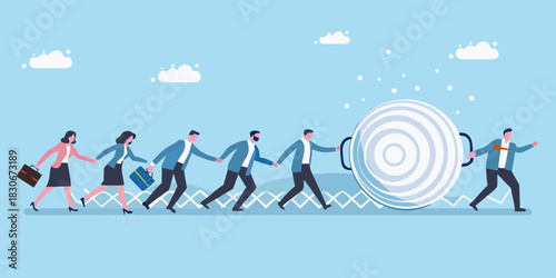 Business team following a leader through obstacles to achieve a common goal