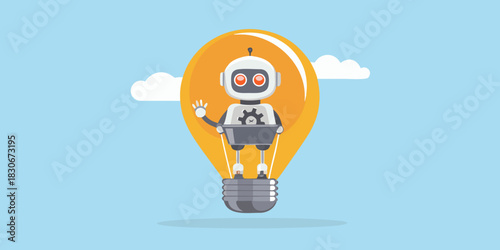 Cartoon robot character inside a light bulb with clouds in the sky