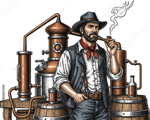 Rustic Appalachian Moonshiner Detailed Engraved Illustration with Still, Barrels, and Pipe