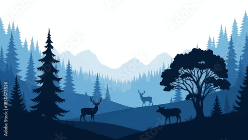 Serene Forest Silhouette Deer Roaming Amidst Blue Mountain Landscape Scenery