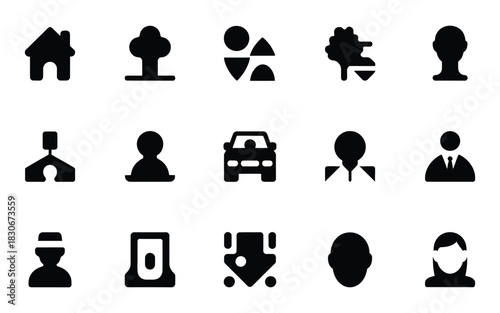 Collection of simple black and white icons representing people places and objects